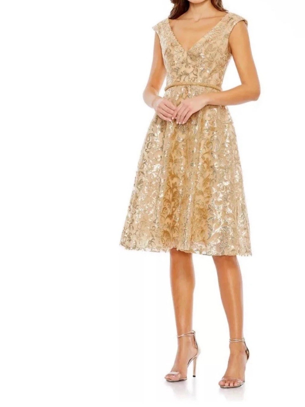Mac Duggal Gold Sequin V-Neck Midi Dress size 8 New